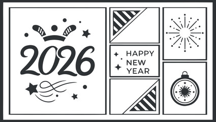 Elegant Happy New Year 2026 Greeting Card with Gold and Beige Fireworks