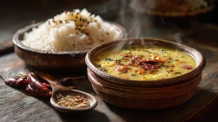 Rustic bowls of steaming dal and rice, served on a wooden table, rustic and warm.