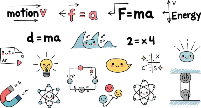 Adorable physics doodles illustrate science concepts, perfect for educational materials or fun classroom decor