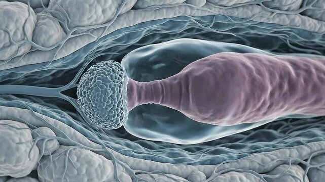 Microscopic view of a nerve ending synapse transmission with detailed neural pathways and cellular structures in a blue and pink biological environment