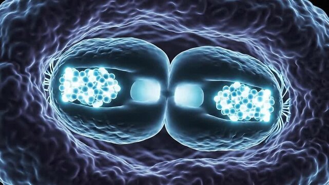 Microscopic View of Bacterial Cell Division Process Showing Binary Fission with Glowing Internal Structures and Textured Outer Membrane in Blue Tones