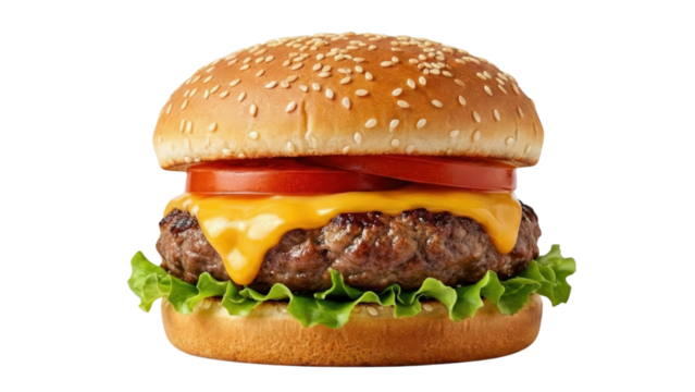 Delicious Cheeseburger: A mouthwatering, perfectly assembled cheeseburger, featuring a juicy beef patty, melted cheese, ripe tomato, and fresh lettuce, all nestled in a sesame seed bun.