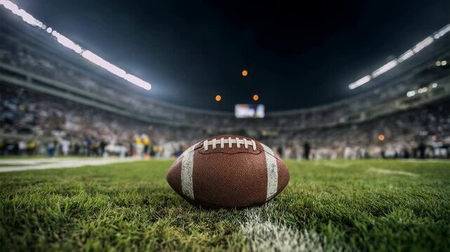 American football lying on stadium grass with bright arena lights shining captured with rich cinematic clarity creating an immersive visual moment that draws viewers into a compelling story 
