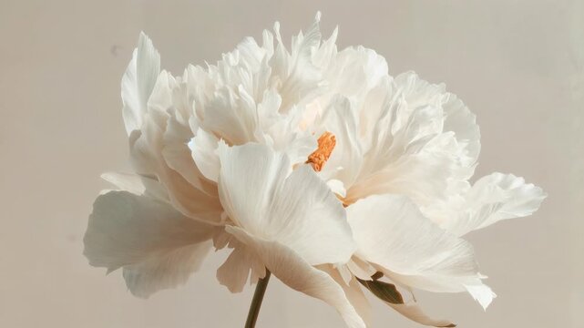 White peony flower blooming softly against minimal pale backdrop captured with rich cinematic clarity creating an immersive visual moment that draws viewers into a compelling story filled wi