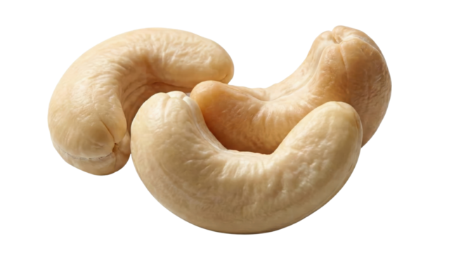 Cashew nut still life: Three plump, creamy cashew nuts rest peacefully, their subtle curves and warm hues inviting the viewer to savor their rich taste and nutritional value.