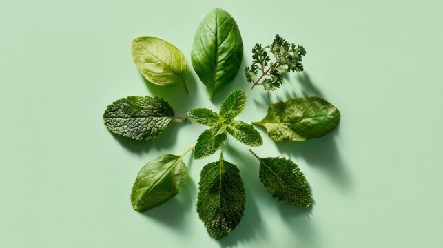 Assorted green leaves and herbs arranged in a circular pattern on a green surface.