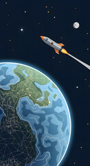 Rocket ship soaring through space above the Earth towards the moon.