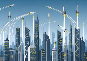 Rockets Launching from Modern City Skyscrapers into the Sky.