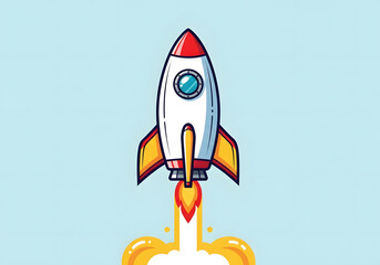 Cartoon Rocket Ship Launching with Fiery Exhaust.