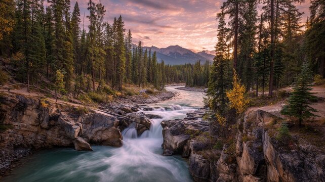 Sunwapta falls cascading along the sunwapta river surrounded by vibrant autumn forest foliage at sunset, icefields parkway, jasper national park, canadian rockies scenic landscape