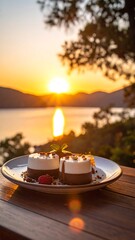 Two-layered dessert on plate at sunset, overlooking a body of water