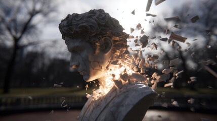 Marble bust shattering with glowing light