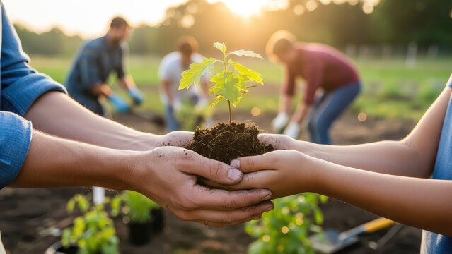 Generations planting a young tree together in a sun-drenched garden, fostering growth and connection.