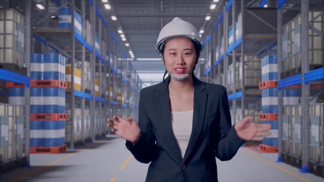 Front View of Asian Businesswoman Walking and Speech at Warehouse Aisle with Chemical or Oil Barrels on Pallet Racking