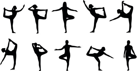 Illustration of silhouettes of women performing yoga poses, tree and dancer, demonstrating balance, strength, and flexibility