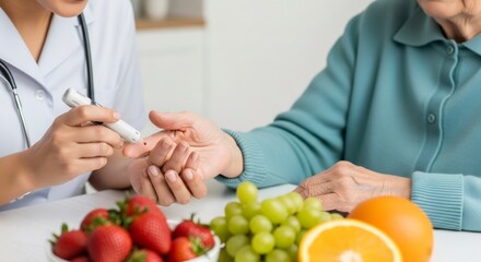 Nurse performing blood sugar test on a senior woman for diabetes monitoring and healthy lifestyle management with fresh fruit nearby.