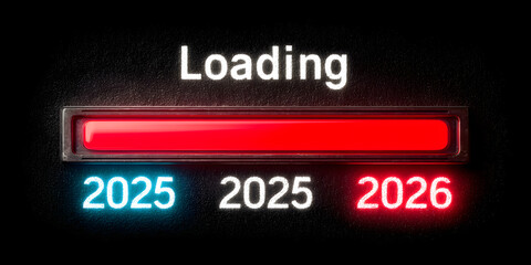 Happy New Year 2026 concept image showing a "Loading..." progress bar, with the years 2025 and 2026 marking the beginning and end of the transition.