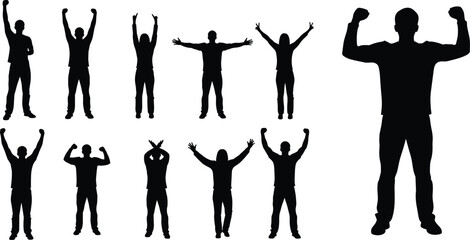 Men and Women with Arms Raised, Celebrating, Cheering