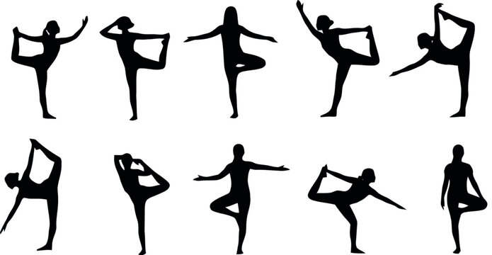 Illustration of silhouettes of women performing yoga poses, tree and dancer, demonstrating balance, strength, and flexibility - Powered by Adobe