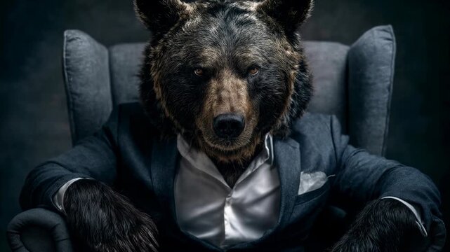 Bear head character wearing formal suit sitting in stylish chair captured with rich cinematic clarity creating an immersive visual moment that draws viewers into a compelling story filled wi