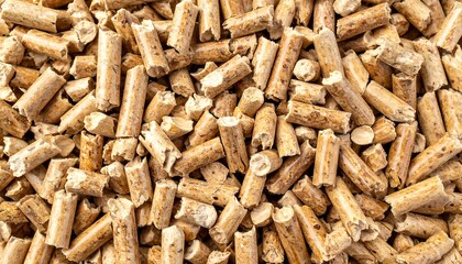 Close-up shows a pile of compressed wood pellets, light brown with visible wood grain and texture, tightly packed