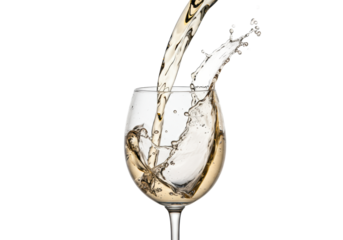 ultra-sharp macro shot of effervescent pale gold white wine pouring into a stemless crystal glass, dramatic volumetric lighting, frozen splash on white. concept for beverage advertising
