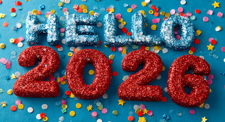 Hello 2026 message with confetti celebrating the new year on a blue backdrop conveys a festive and hopeful mood.