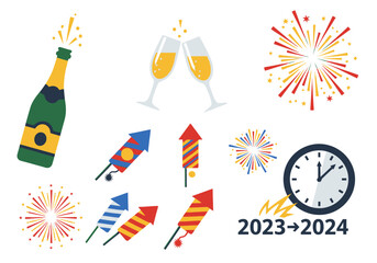 Vibrant Flat Design New Year Celebration Icons Popping Champagne Toasted Flutes Colorful Fireworks Countdown Clock 2024.