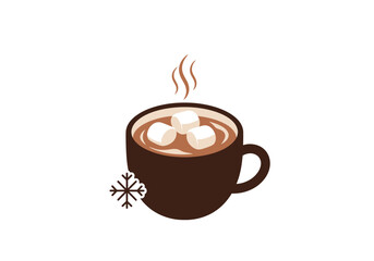 Cozy hot chocolate mug with three white marshmallows rising steam and a snowflake icon vector illustration.