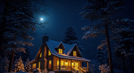 Winter wonderland cabin glowing warmly under a moonlit starry night sky in a serene forest. isolated on white background, Vector
