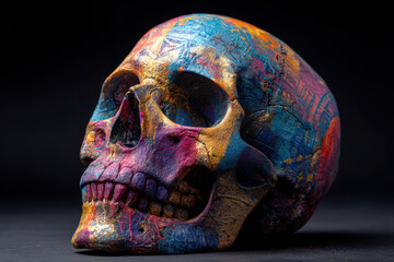 Colorful abstract skull art with vibrant paint splashes conveys sense of macabre creativity
