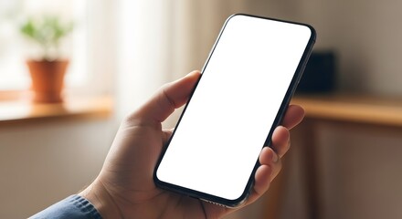 Close up of a person holding a modern smartphone with a blank white screen mockup, ready for content insertion in a bright indoor setting