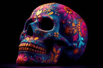 Vibrant skull with colorful floral patterns, symbol of celebration and life
