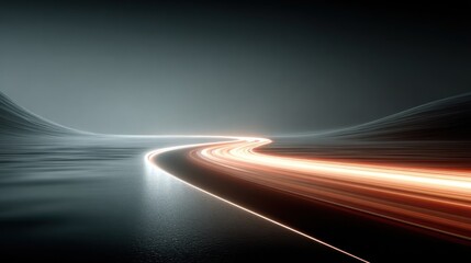 Lit road trails through a monochrome landscape, showing light trails and reflections