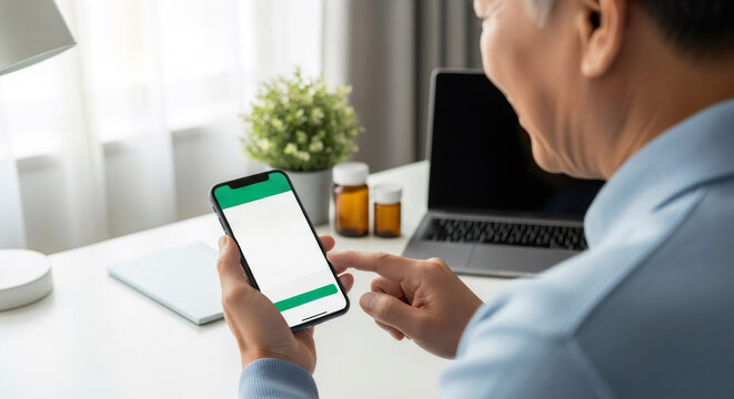 Elderly man using smartphone for telehealth or online pharmacy service. Digital health application for medication management and elderly care.