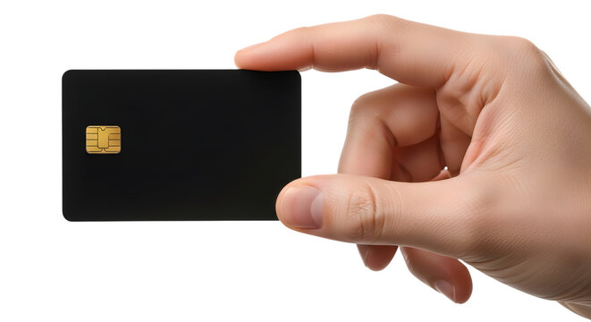 Hand holding a black credit card with a gold chip on black