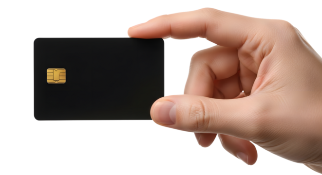Hand holding a black credit card with a gold chip on black