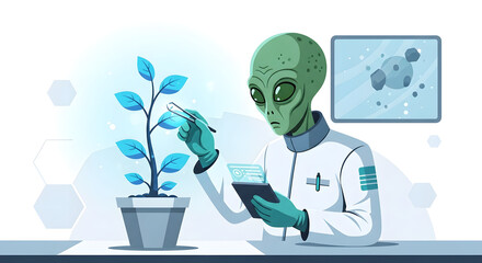 Alien scientist examines a glowing blue plant in a laboratory setting.