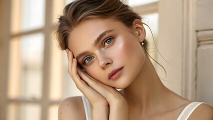 Portrait of Young Russian Woman Practicing Skincare Routine With Natural Light and Clean Minimal Background