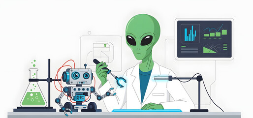 Alien Scientist with Robot in Laboratory Experiment.