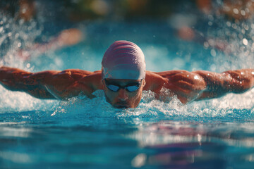 Young man swims with joy in outdoor pool