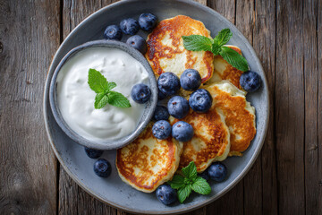 Delicious syrniki with yogurt and blueberries, healthy breakfast