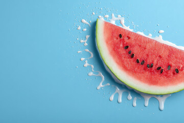 Juicy watermelon slice splashing with freshness on vibrant blue background