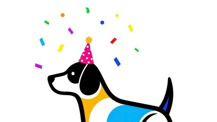 A happy dog wearing a party hat and surrounded by confetti.