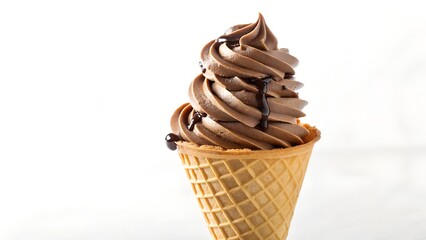Studio Shot of Chocolate Soft Serve Ice Cream Cone Showing Creamy Swirl Texture and Crisp Golden Waffle Cone