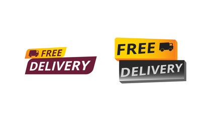 Shipping promotion sticker design featuring the words FREE DELIVERY and a small truck silhouette on colorful layered banner shapes.