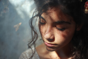 Young girl serene contemplation in soft light
