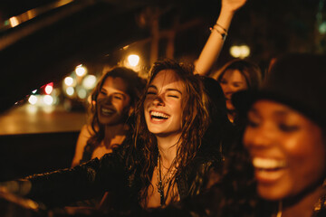 Joyful friends celebrating bachelorette party on night drive