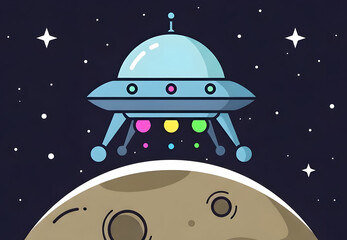 Cartoon UFO Spaceship Landing on Moon Surface with Colorful Lights.
