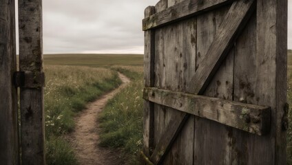 Rustic wooden gate opening to a winding dirt path through a vast, open field under an overcast sky.
